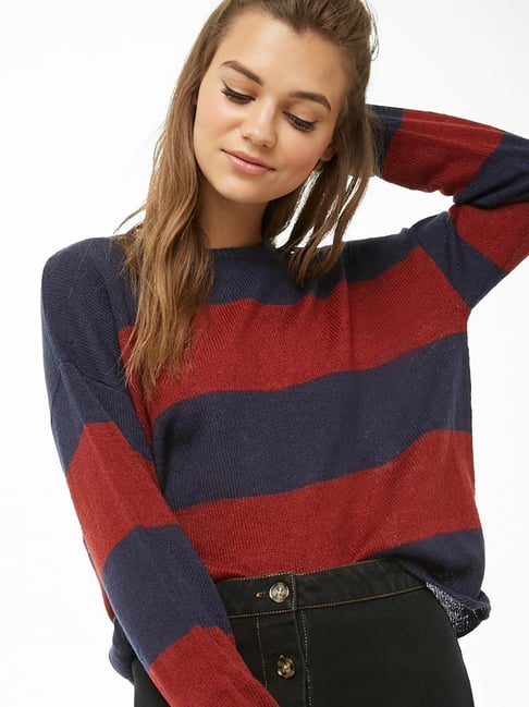 Buy Forever 21 Navy Burgundy Striped Sweater for Women Online