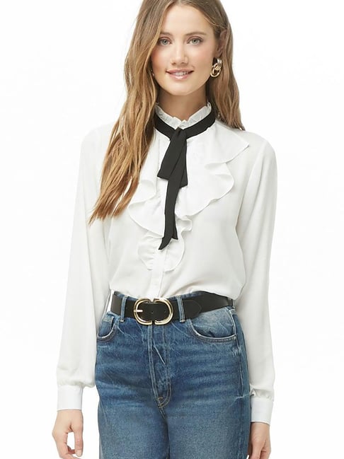 Buy Forever 21 Ivory Black Regular Fit Shirt With Tie for Women