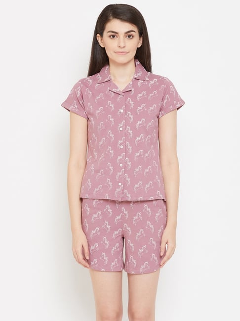 Clovia Pink Printed Shirt & Shorts Set