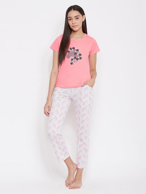 Clovia Pink & Grey Printed Top & Pyjama Set