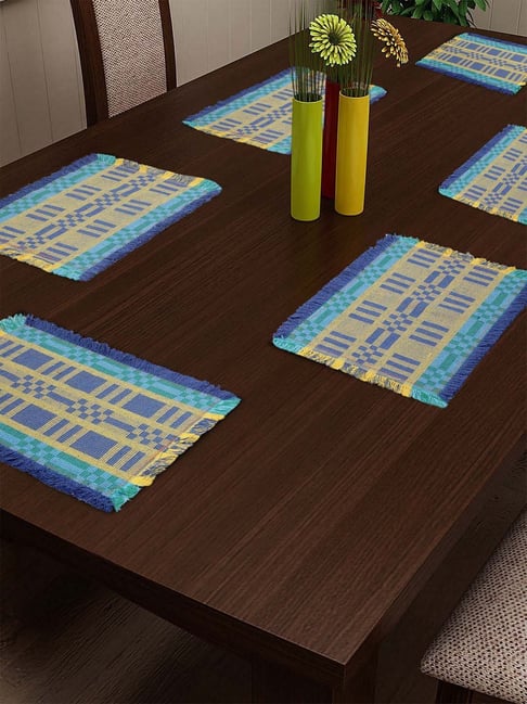 Klotthe Yellow & Green Cotton 688 GSM Rectangular Table Mats - Set of 6