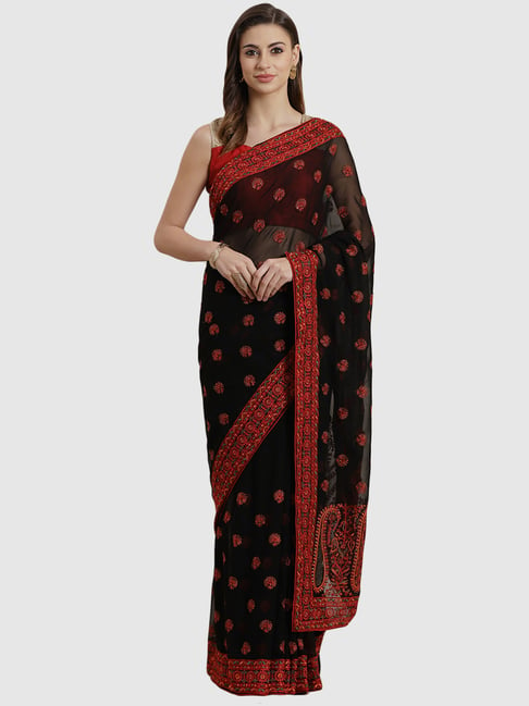 Chhabra 555 Black Embroidered Saree With Unstitched Blouse