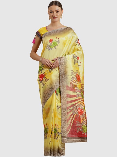 Chhabra 555 Yellow Cotton Floral Print Saree With Unstitched Blouse