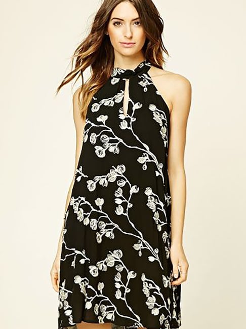 Forever 21 Black Cream Floral Print Regular Fit A Line Dress