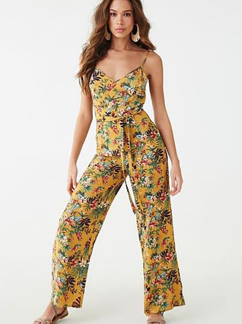 Buy Forever 21 Mustard Green Floral Print Cami Jumpsuit for