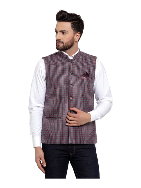 NEUDIS Red Check Mandarin Collar Nehru Jacket