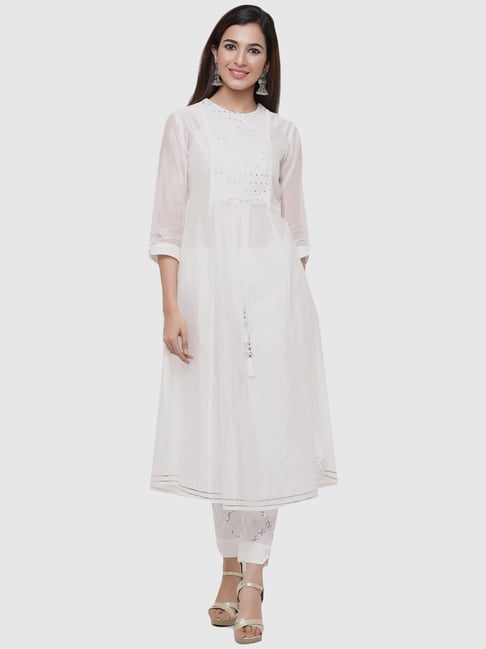 Juniper White Cotton Embroidered A Line Kurta Price in India