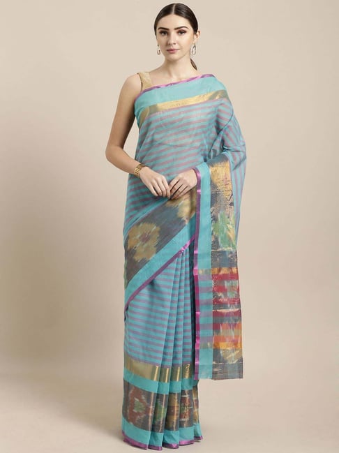 The Chennai Silks Blue & Pink Cotton Striped Saree With Unstitched Blouse Price in India