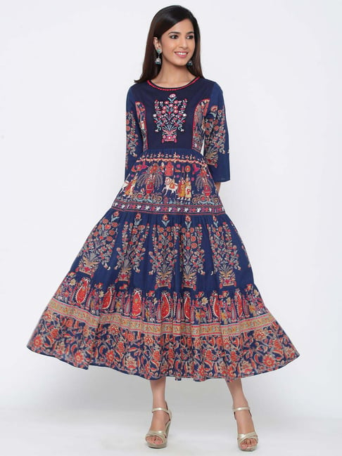 Juniper Indigo Blue Cotton Printed Anarkali Kurta Price in India