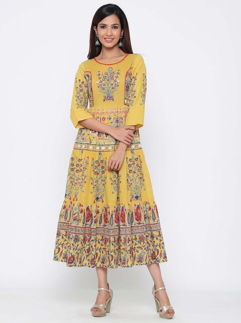 Juniper Mustard Cotton Printed Anarkali Kurta Price in India