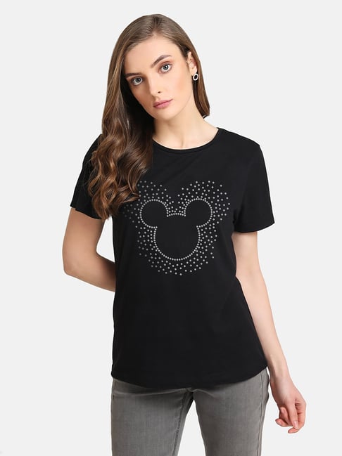 Kazo Black Mickey Mouse  Diamond Studded T-Shirt - Disney Collection