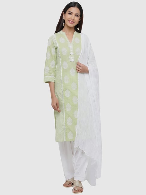 Jaipur Kurti Green & White Cotton Printed Kurta Salwar Set With Dupatta