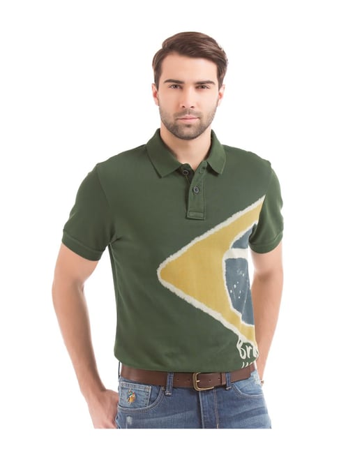 Buy Polo Military Green Printed Polo T-Shirt for Men
