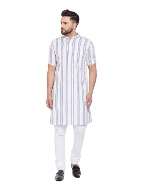 Even White & Grey Cotton Regular Fit Striped Kurta