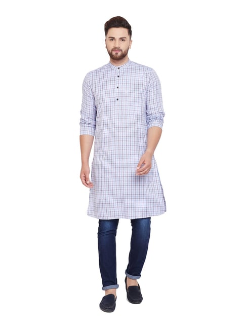 Even Blue Cotton Regular Fit Checks Kurta