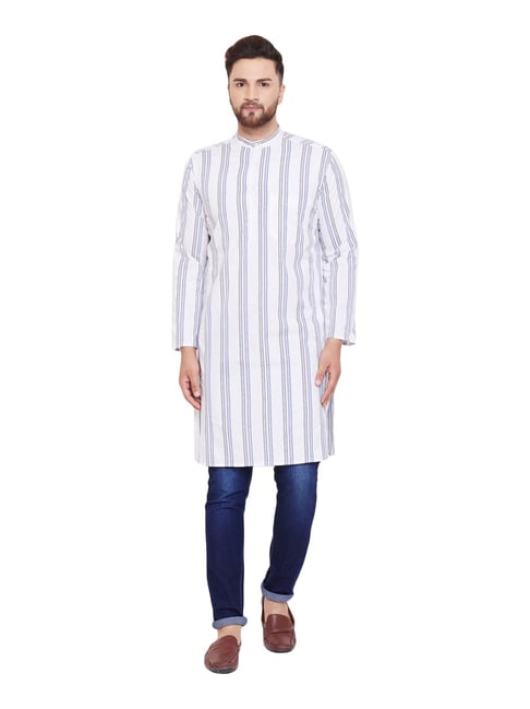 Even White & Grey Cotton Regular Fit Striped Kurta