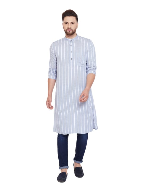 Even Blue Cotton Regular Fit Striped Kurta