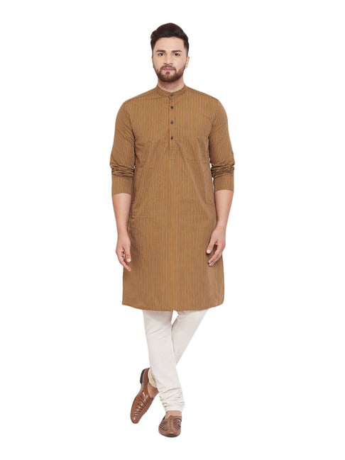 Even Brown Cotton Regular Fit Striped Kurta