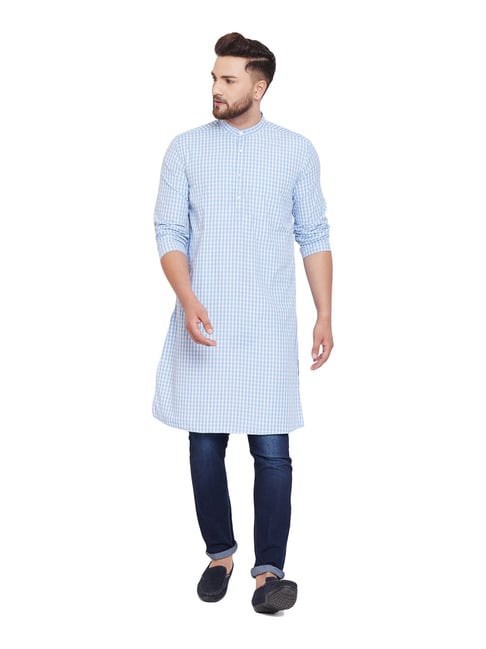 Even Sky Blue Cotton Regular Fit Checks Kurta