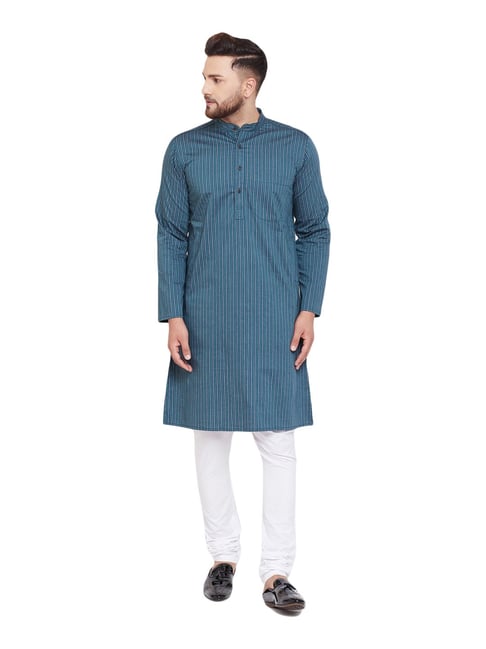 Even Blue Cotton Regular Fit Striped Kurta