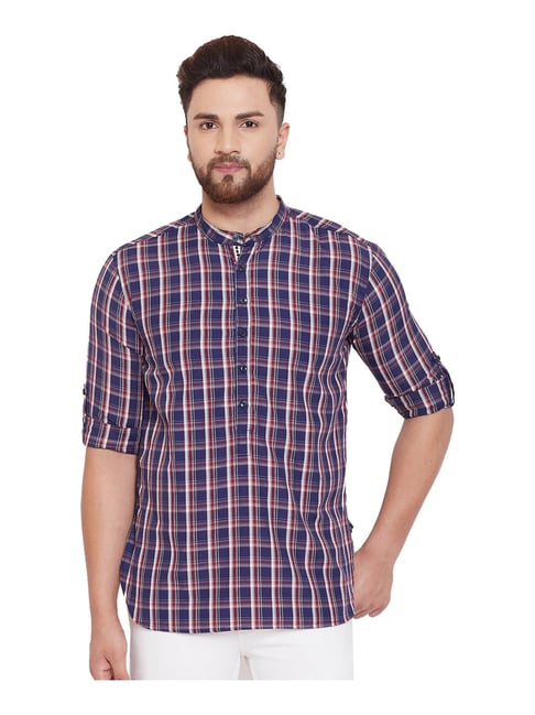 Even Navy Cotton Regular Fit Checks Short Kurta