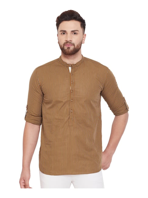 Even Brown Cotton Regular Fit Striped Short Kurta