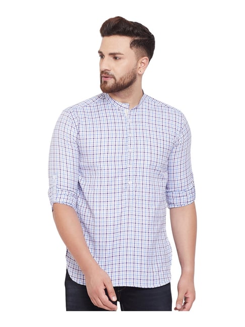 Even White & Blue Cotton Regular Fit Checks Short Kurta