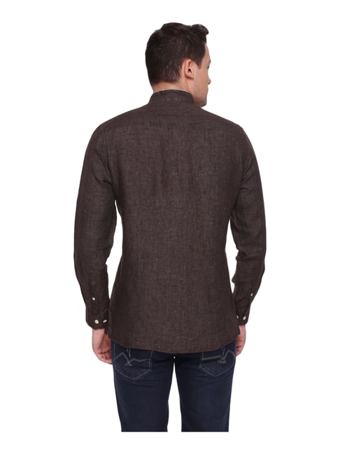 Burnt Umber Brown Linen Regular Fit Shirt-Burnt Umber-Clothing-TATA CLIQ