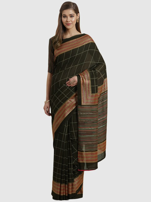 Saree Mall Olive Green Chequered Saree With Unstitched Blouse Price in India
