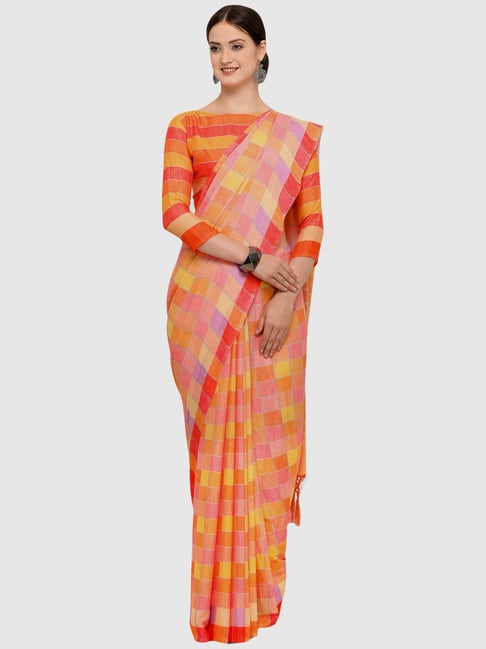 Saree Mall Orange Chequered Saree With Unstitched Blouse Price in India