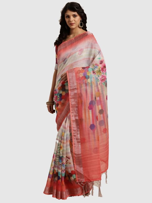 Saree Mall Pink Linen Floral Print Saree With Unstitched Blouse Price in India