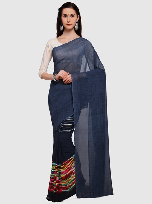 Saree Mall Navy Chequered Saree With Unstitched Blouse Price in India