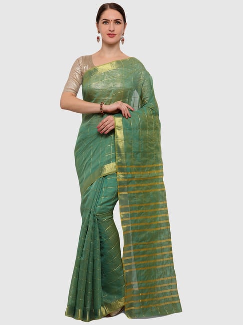 Saree Mall Green Chequered Saree With Unstitched Blouse Price in India