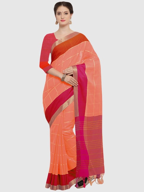 Saree Mall Peach Chequered Saree With Unstitched Blouse Price in India