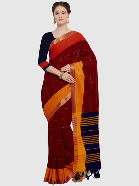 Saree Mall Maroon Chequered Saree With Unstitched Blouse Price in India