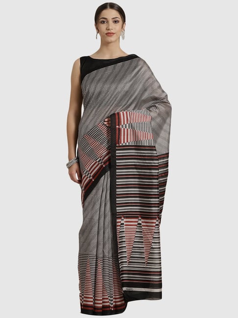 Saree Mall Grey & Black Striped Saree With Unstitched Blouse Price in India