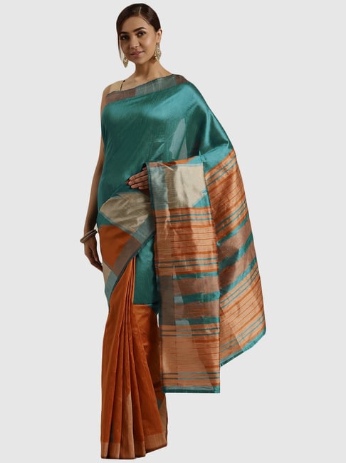 Saree Mall Green & Orange Cotton Striped Saree With Unstitched Blouse Price in India