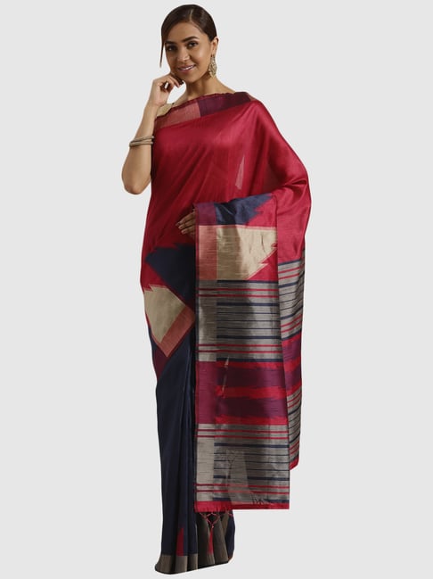 Saree Mall Pink & Blue Cotton Striped Saree With Unstitched Blouse Price in India