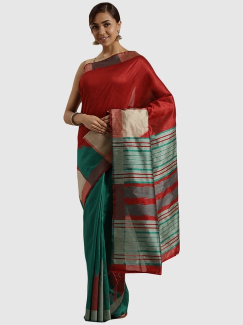 Saree Mall Red & Green Cotton Striped Saree With Unstitched Blouse Price in India