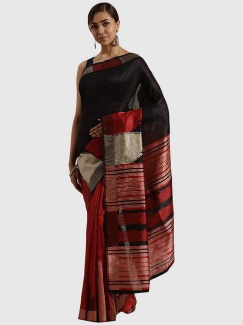 Saree Mall Black & Red Cotton Striped Saree With Unstitched Blouse Price in India