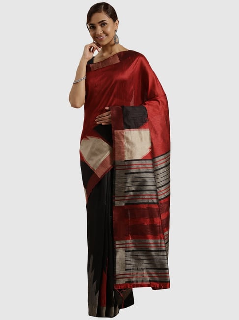 Saree Mall Red & Black Cotton Striped Saree With Unstitched Blouse Price in India