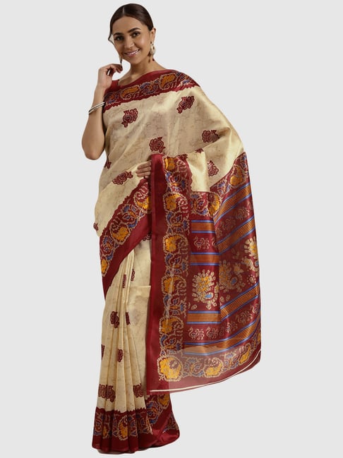 Saree Mall Beige Printed Saree With Unstitched Blouse Price in India