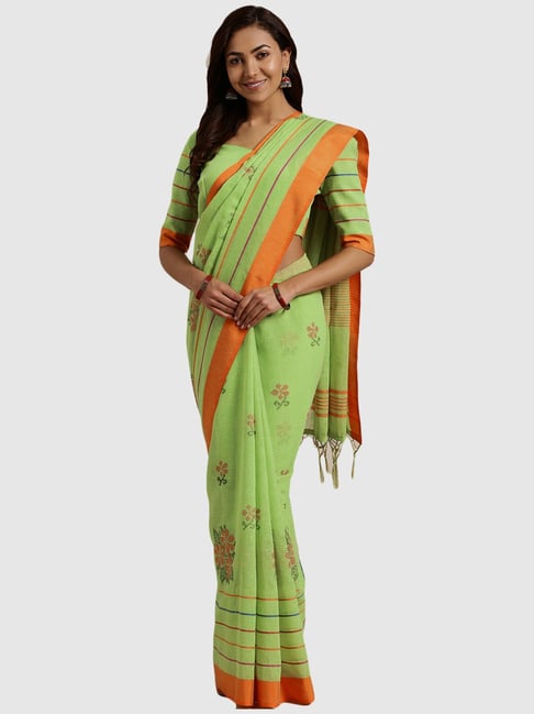 Saree Mall Green Linen Embroidered Saree With Unstitched Blouse