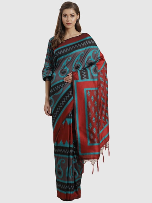 Saree Mall Grey & Red Paisley Printed Saree With Unstitched Blouse Price in India