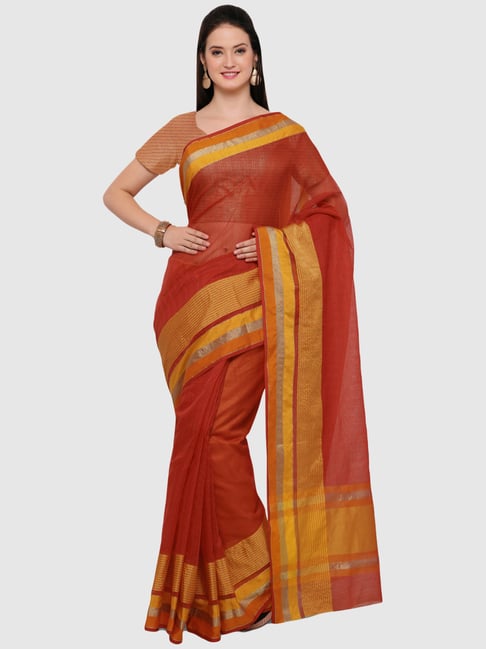 Saree Mall Red & Yellow Striped Saree With Unstitched Blouse Price in India