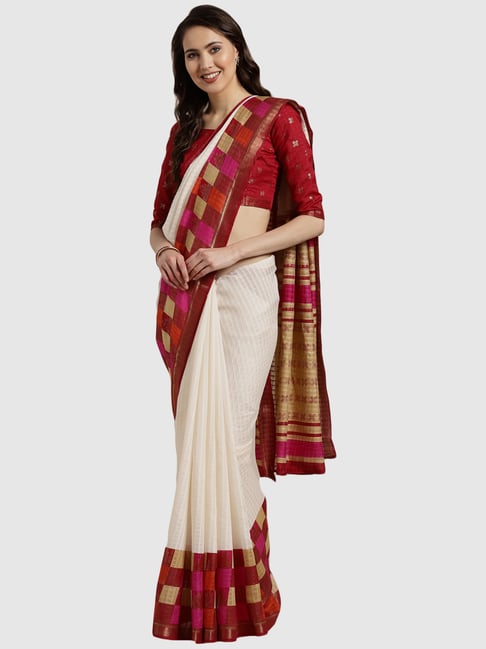 Saree Mall White Chequered Saree With Unstitched Blouse Price in India