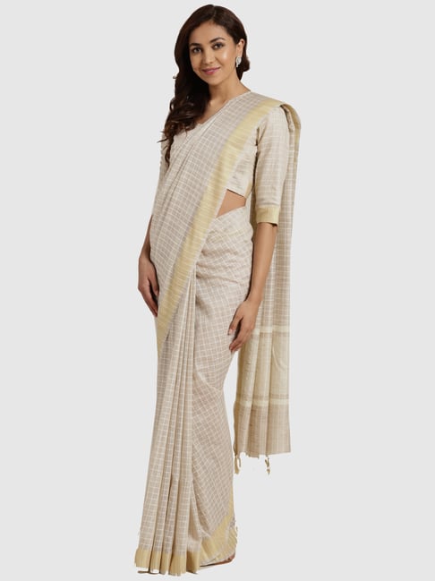 Saree Mall Beige Chequered Saree With Unstitched Blouse Price in India