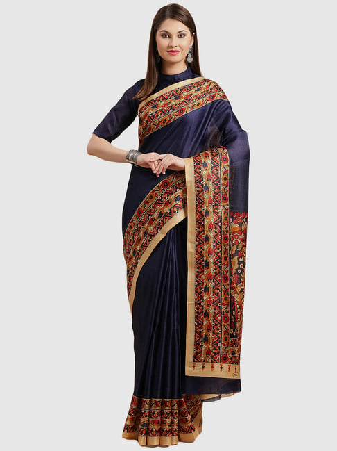 Saree Mall Navy Printed Saree With Unstitched Blouse Price in India