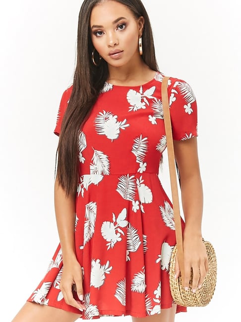 Buy Forever 21 Red Cream Tropical Print Fit And Flare Dress for