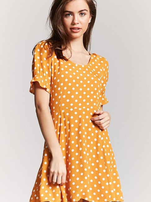 Buy Forever 21 Mustard Cream Polka Dot Dress for Women Online